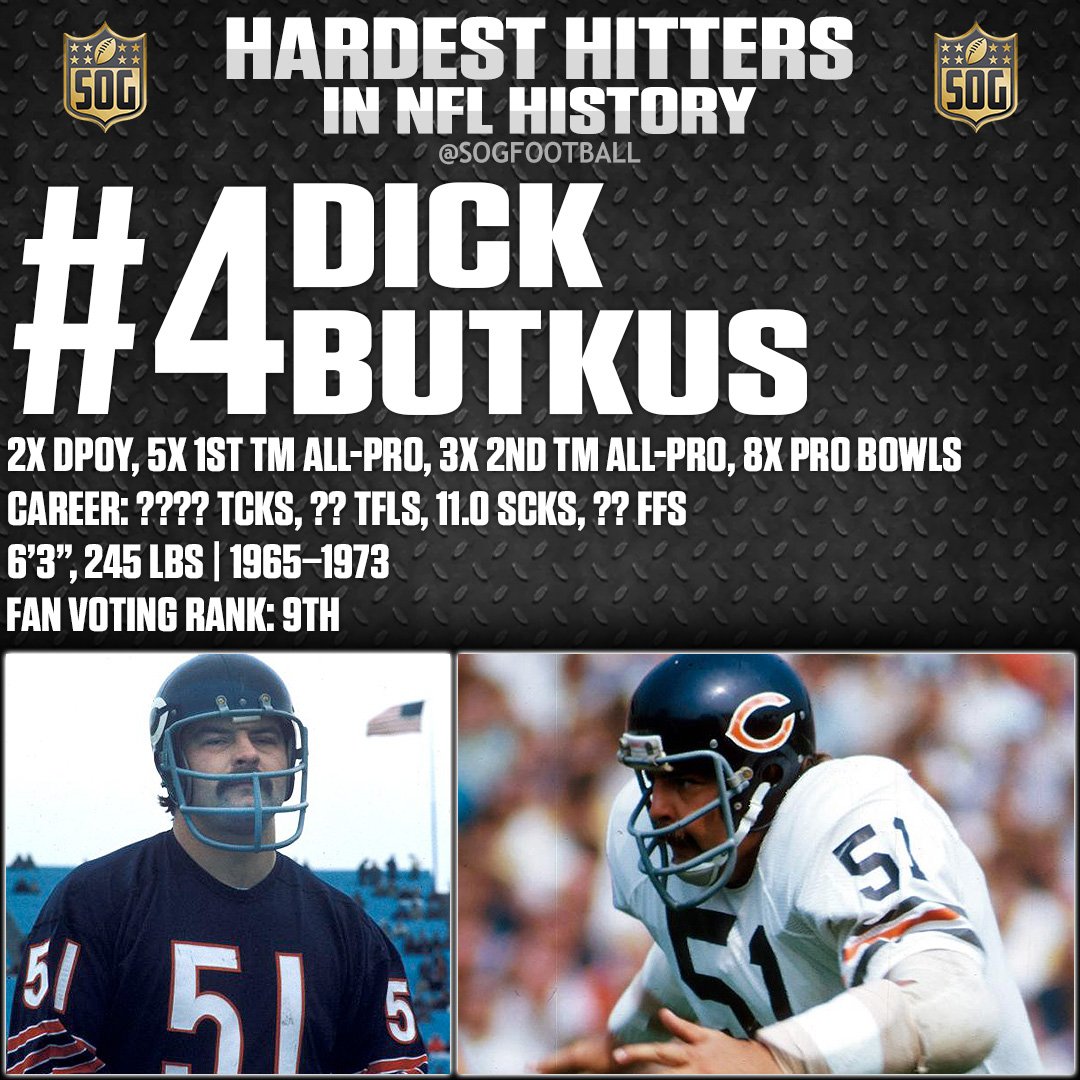 Dick Butkus, in a Chicago Bears navy blue uniform, demonstrating a formidable defensive stance during a game. The image includes a sidebar detailing his career stats and accolades, highlighting him as the 4th hardest hitter in NFL history.