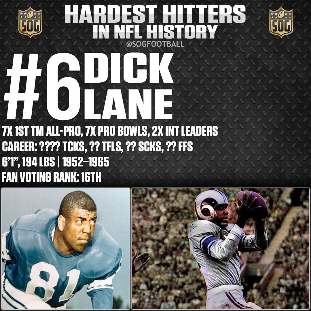 Dick Lane, in vintage NFL gear, performing one of his signature aggressive tackles during a game. The image features a sidebar with his career stats and accolades, highlighting his ranking as the 6th hardest hitter in NFL history.