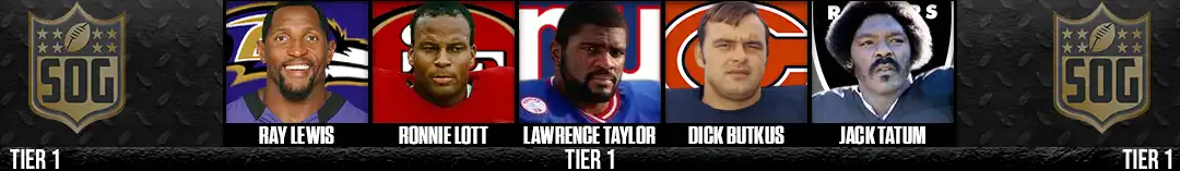 Hardest Hitters in NFL History – Tier 1 featuring Ray Lewis, Ronnie Lott, Lawrence Taylor, Dick Butkus, and Jack Tatum