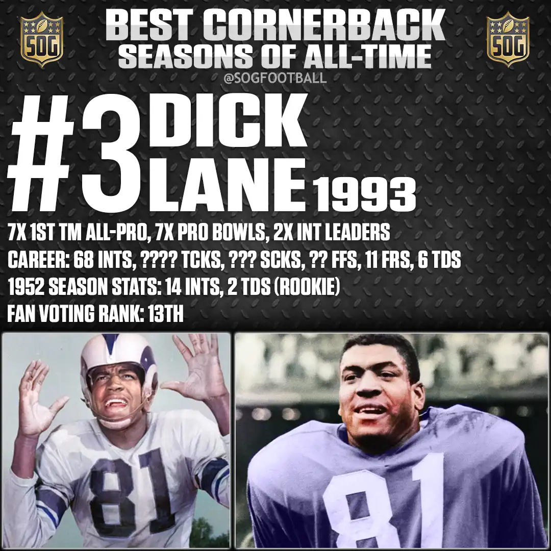 Best Cornerback Seasons of All Time – Dick “Night Train” Lane 1952 rookie season with Los Angeles Rams, 14 interceptions, 2 defensive touchdowns.