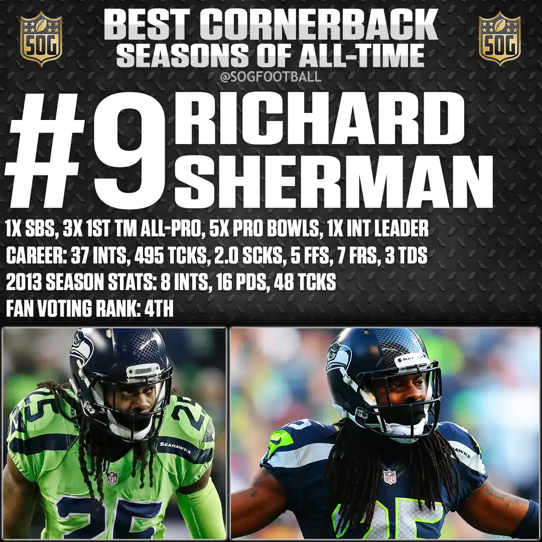 Best Cornerback Seasons of All Time – Richard Sherman 2013 season with Seattle Seahawks, 8 interceptions, 16 passes defensed, 48 tackles.