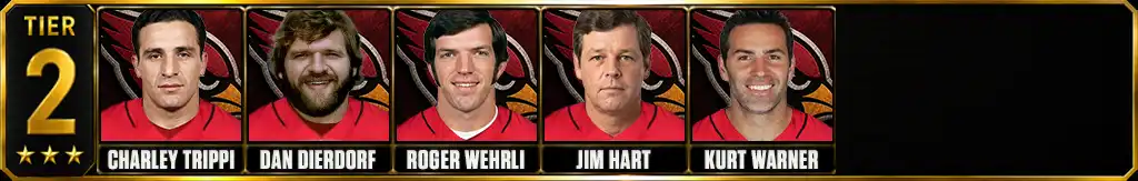 Tier 2 best Arizona Cardinals Players of all-time featuring Charley Trippi, Dan Dierdorf, Roger Wehrli, Jim Hart, and Kurt Warner