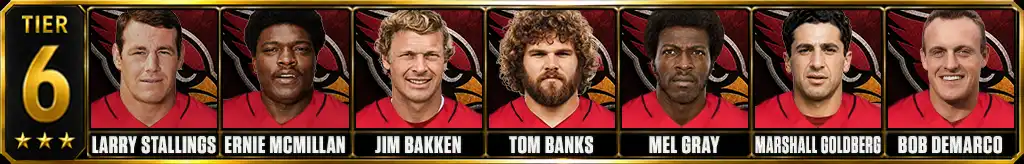 Tier 6 best Arizona Cardinals Players of all-time featuring Larry Stallings, Ernie McMillan, Jim Bakken, Tom Banks, Mel Gray, Marshall Goldberg, and Bob DeMarco