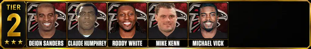 Tier 2 best Atlanta Falcons of all-time featuring Deion Sanders, Claude Humphrey, Roddy White, Mike Kenn, and Michael Vick