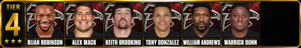 Tier 4 best Atlanta Falcons of all-time featuring Bijan Robinson, Alex Mack, Keith Brooking, Tony Gonzalez, William Andrews, and Warrick Dunn