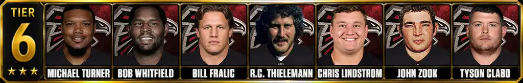 Tier 6 best Atlanta Falcons of all-time featuring Michael Turner, Bob Whitfield, Bill Fralic, R.C. Thielemann, Chris Lindstrom, John Zook, and Tyson Clabo