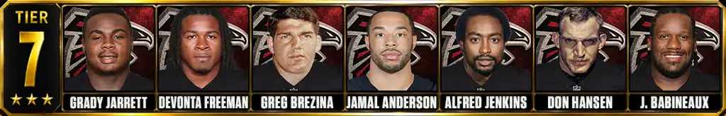 Tier 7 best Atlanta Falcons of all-time featuring Grady Jarrett, Devonta Freeman, Greg Brezina, Jamal Anderson, Alfred Jenkins, Don Hansen, and J. Babineaux