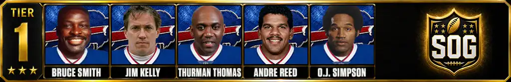 Tier 1 best Buffalo Bills of all-time featuring Bruce Smith, Jim Kelly, Thurman Thomas, Andre Reed, and O.J. Simpson