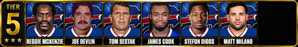 Tier 5 best Buffalo Bills of all-time featuring Reggie McKenzie, Joe Devlin, Tom Sestak, James Cook, Stefon Diggs, and Matt Milano