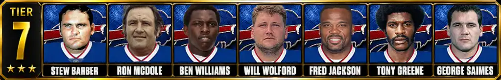 Tier 7 best Buffalo Bills of all-time featuring Stew Barber, Ron McDole, Ben Williams, Will Wolford, Fred Jackson, Tony Greene, and George Saimes