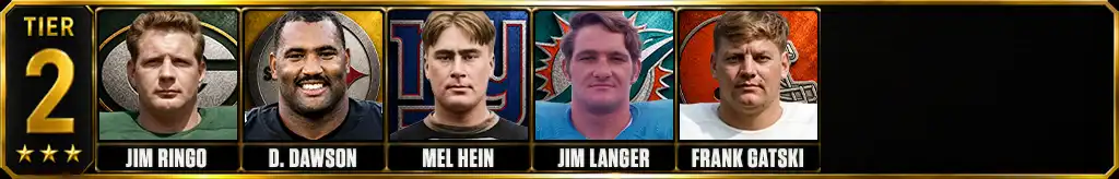 Tier 2 best nfl centers of all-time featuring Jim Ringo, Dermontti Dawson, Mel Hein, Jim Langer, and Frank Gatski