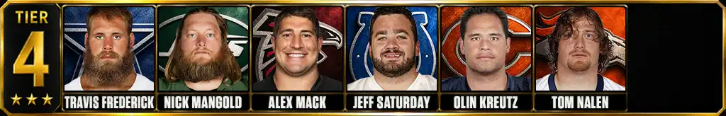Tier 4 best nfl centers of all-time featuring Travis Frederick, Nick Mangold, Alex Mack, Jeff Saturday, Olin Kreutz, and Tom Nalen