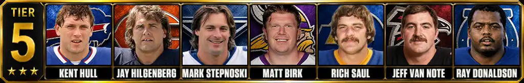 Tier 5 best nfl centers of all-time featuring Kent Hull, Jay Hilgenberg, Mark Stepnoski, Matt Birk, Rich Saul, Jeff Van Note, and Ray Donaldson