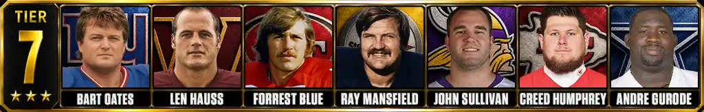 Tier 7 best nfl centers of all-time featuring Bart Oates, Len Hauss, Forrest Blue, Ray Mansfield, John Sullivan, Creed Humphrey, and Andre Gurode