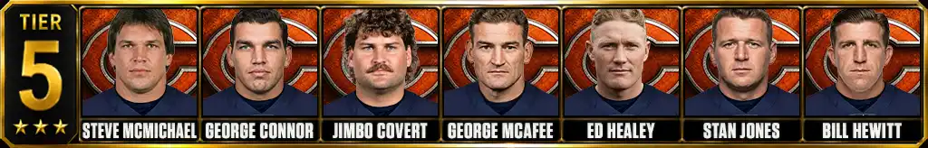 Tier 5 best Chicago Bears Players of all-time featuring Steve McMichael, George Connor, Jimbo Covert, George McAfee, Ed Healey, Stan Jones, and Bill Hewitt