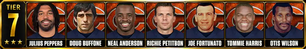 Tier 7 best Chicago Bears Players of all-time featuring Julius Peppers, Doug Buffone, Neal Anderson, Richie Petitbon, Joe Fortunato, Tommie Harris, and Otis Wilson