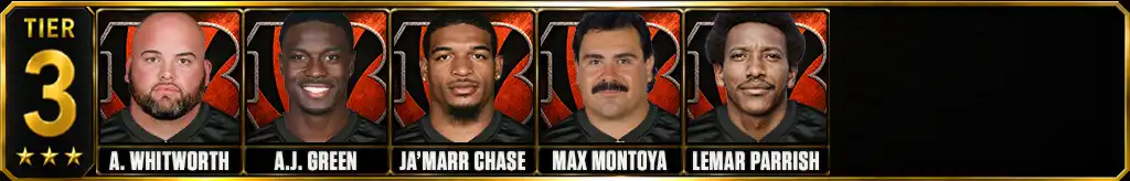 Tier 3 best Cincinnati Bengals of all-time featuring Andrew Whitworth, A.J. Green, Ja'Marr Chase, Max Montoya, and Lemar Parrish