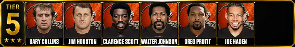 Tier 5 best Cleveland Browns of all-time featuring Gary Collins, Jim Houston, Clarence Scott, Walter Johnson, Greg Pruitt, and Joe Haden