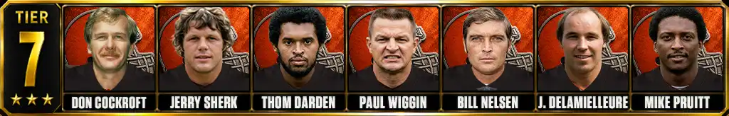Tier 7 best Cleveland Browns of all-time featuring Don Cockroft, Jerry Sherk, Thom Darden, Paul Wiggin, Bill Nelsen, Joe DeLamielleure, and Mike Pruitt