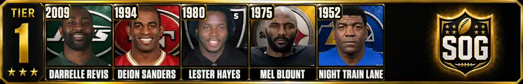 Best cornerback seasons of all-time Tier 1 featuring Darrelle Revis (2009), Deion Sanders (1994), Lester Hayes (1980), Mel Blount (1975), Dick “Night Train” Lane (1952)