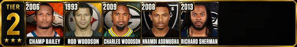 Best cornerback seasons of all-time Tier 2 featuring Champ Bailey (2006), Rod Woodson (1993), Charles Woodson (2009), Nnamdi Asomugha (2008), Richard Sherman (2013)
