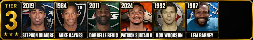 Best cornerback seasons of all-time Tier 3 featuring Stephon Gilmore (2019), Mike Haynes (1984), Darrelle Revis (2011), Patrick Surtain II (2024), Rod Woodson (1992), Lem Barney (1967)