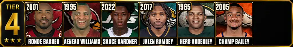 Best cornerback seasons of all-time Tier 4 featuring Ronde Barber (2001), Aeneas Williams (1995), Sauce Gardner (2022), Jalen Ramsey (2017), Herb Adderley (1965), Champ Bailey (2005)