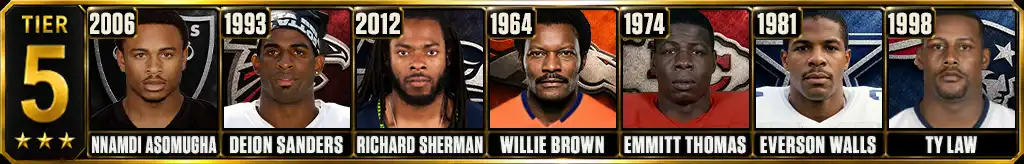 Best cornerback seasons of all-time Tier 5 featuring Nnamdi Asomugha (2006), Deion Sanders (1993), Richard Sherman (2012), Willie Brown (1964), Emmitt Thomas (1974), Everson Walls (1981), Ty Law (1998)