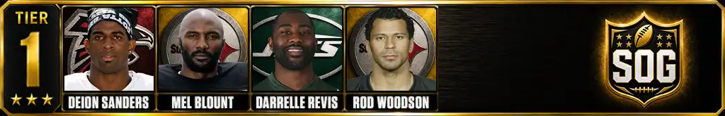 Tier 1 best cornerbacks of all-time featuring Deion Sanders, Mel Blount, Darrelle Revis, Rod Woodson