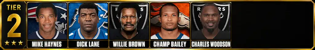 Tier 2 best cornerbacks of all-time featuring Mike Haynes, Dick Lane, Willie Brown, Champ Bailey, Charles Woodson