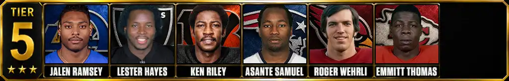 Tier 5 best cornerbacks of all-time featuring Jalen Ramsey, Lester Hayes, Ken Riley, Asante Samuel, Roger Wehrli, and Emmitt Thomas