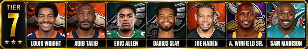 Tier 7 best cornerbacks of all-time featuring Louis Wright, Aqib Talib, Eric Allen, Darius Slay, Joe Haden, Antoine Winfield Sr., Sam Madison