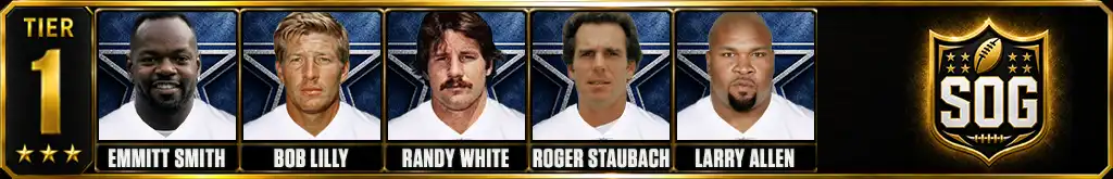 Tier 1 best Dallas Cowboys of all-time featuring Emmitt Smith, Bob Lilly, Randy White, Roger Staubach, and Larry Allen