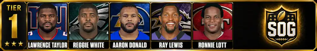 Tier 1 best defensive players in NFL history featuring Lawrence Taylor, Reggie White, Aaron Donald, Ray Lewis, and Ronnie Lott