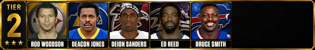 Tier 2 best defensive players in NFL history featuring Rod Woodson, Deacon Jones, Deion Sanders, Ed Reed, and Bruce Smith