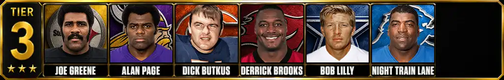 Tier 3 best defensive players in NFL history featuring Joe Greene, Alan Page, Dick Butkus, Derrick Brooks, Bob Lilly, and Night Train Lane