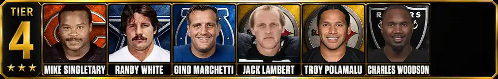 Tier 4 best defensive players in NFL history featuring Mike Singletary, Randy White, Gino Marchetti, Jack Lambert, Troy Polamalu, and Charles Woodson