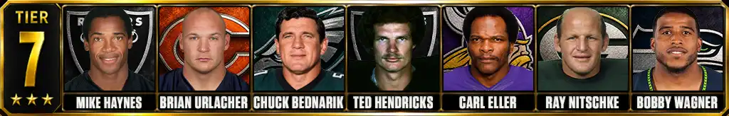 Tier 7 best defensive players in NFL history featuring Mike Haynes, Brian Urlacher, Chuck Bednarik, Ted Hendricks, Carl Eller, Ray Nitschke, and Bobby Wagner
