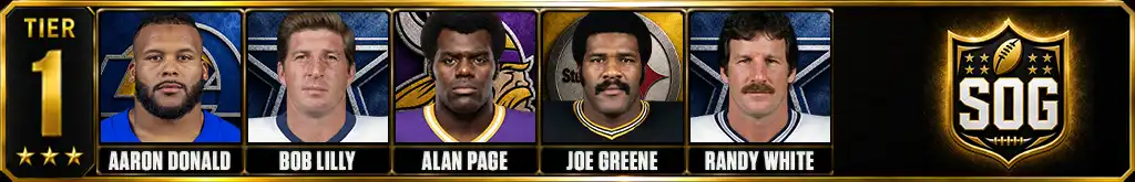 Tier 1 best defensive tackles in NFL history featuring Aaron Donald, Bob Lilly, Alan Page, Joe Greene and Randy White