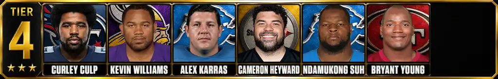 Tier 4 best defensive tackles in NFL history featuring Curley Culp, Kevin Williams, Alex Karras, Cameron Heyward, Ndamukong Suh and Bryant Young