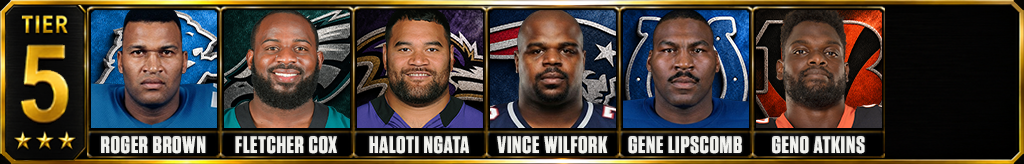Tier 5 best defensive tackles in NFL history featuring Roger Brown, Fletcher Cox, Haloti Ngata, Vince Wilfork, Gene Lipscomb and Geno Atkins