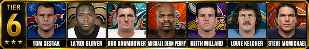 Tier 6 best defensive tackles in NFL history featuring Tom Sestak, La’Roi Glover, Bob Baumhower, Michael Dean Perry, Keith Millard, Louie Kelcher and Steve McMichael