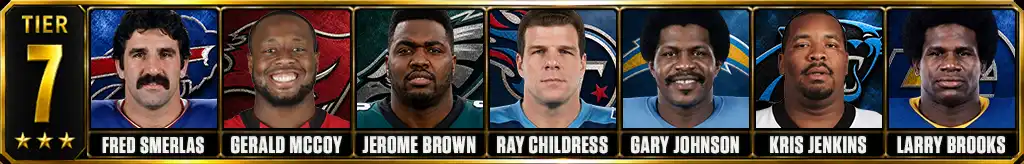 Tier 7 best defensive tackles in NFL history featuring Fred Smerlas, Gerald McCoy, Jerome Brown, Ray Childress, Gary Johnson, Kris Jenkins and Larry Brooks