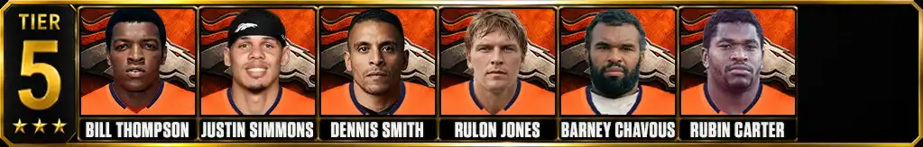 Tier 5 best Denver Broncos of all-time featuring Bill Thompson, Justin Simmons, Dennis Smith, Rulon Jones, Barney Chavous, and Rubin Carter