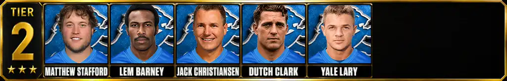 Tier 2 best Detroit Lions Players of all-time featuring Matthew Stafford, Lem Barney, Jack Christiansen, Dutch Clark, and Yale Lary