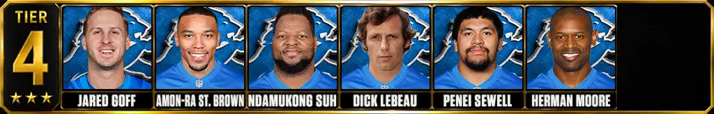 Tier 4 best Detroit Lions Players of all-time featuring Jared Goff, Amon-Ra St. Brown, Ndamukong Suh, Dick LeBeau, Penei Sewell, and Herman Moore