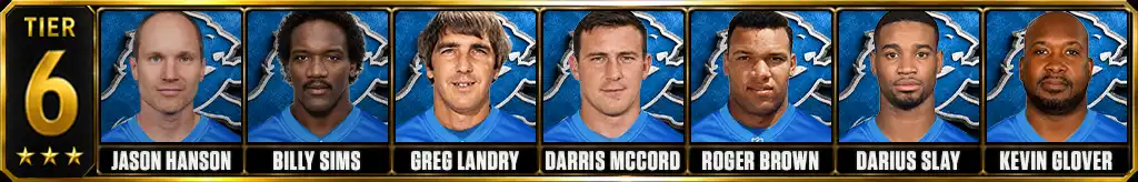 Tier 6 best Detroit Lions Players of all-time featuring Jason Hanson, Billy Sims, Greg Landry, Darris McCord, Roger Brown, Darius Slay, and Kevin Glover