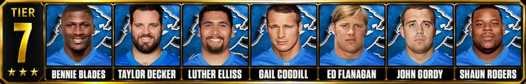 Tier 7 best Detroit Lions of all-time featuring Bennie Blades, Taylor Decker, Luther Elliss, Gail Cogdill, Ed Flanagan, John Gordy, and Shaun Rogers