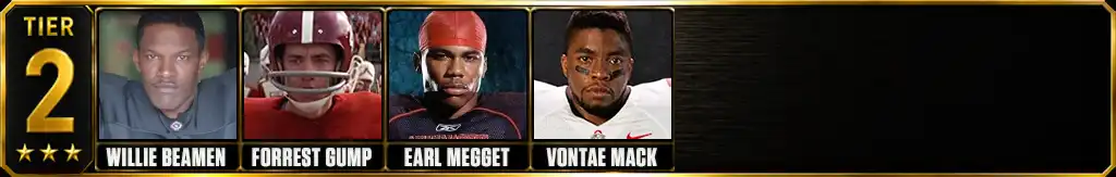 Tier 2 best fictional football players ever featuring Willie Beamen, Forrest Gump, Earl Megget, and Vontae Mack