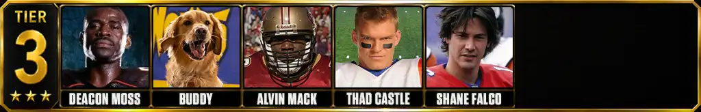 Tier 3 best fictional football players ever featuring Deacon Moss, Buddy, Alvin Mack, Thad Castle, and Shane Falco